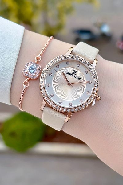 Daniel Klein Rose Cord Cream Color 2 Years Warranty Women's Wristwatch and Gift Bracelet Dkgnct61
