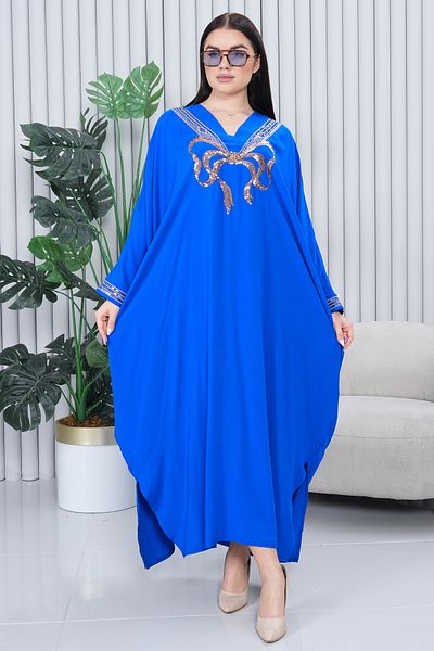 EL jadida Women's Sequin Sequin Embroidered Plus Size Viscose Long Dress Saks Blue