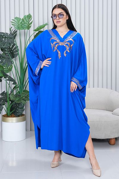 EL jadida Women's Sequin Sequin Embroidered Plus Size Viscose Long Dress Saks Blue