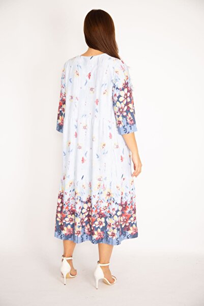 Şans Жіноча сукня з бавовняної тканини плюс розмір синього кольору в складку 65n34949