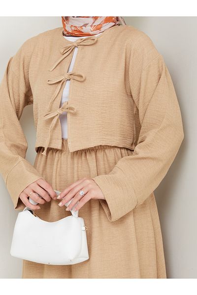 exxitcollection Women's Sofia Linen Hijab Beige Stone Three-Tie Skirt Kimono Set