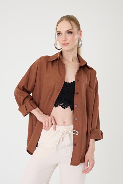Hazel Tek Cepli Oversize Keten Gömlek- Kahverengi