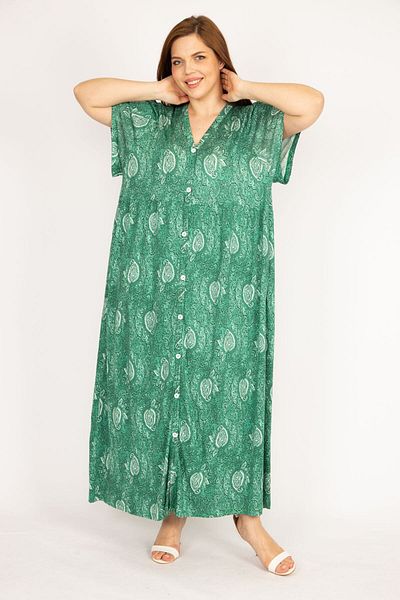 Şans Women's Green Large Size Front Length Button Pocket Long Dress 65n36011