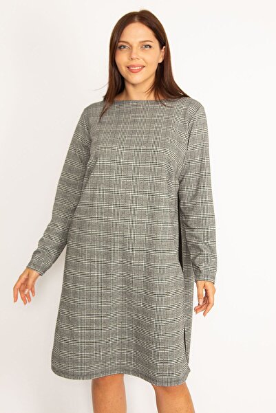 Şans Women's Large Size Gray Plaid Patterned Side Stripe Detailed Dress 65n34611