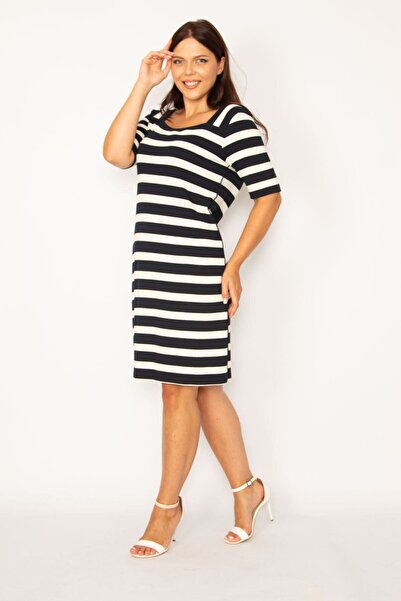 Şans Жіноче велике розмір темно-синє плаття з квадратним коміром і смужками 65n34177