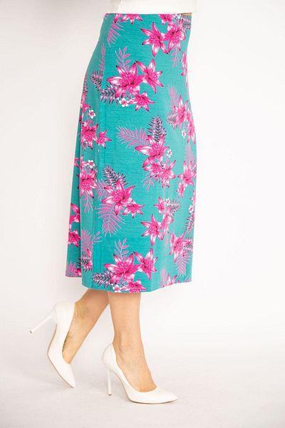 Şans Women's Large Size Green Elastic Waist Lycra Viscose Skirt 65n34675