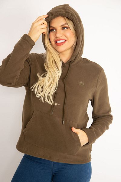 Şans Tekstil Women's Khaki Hooded Kangaroo Pocket Fleece Sweatshirt 26a35074