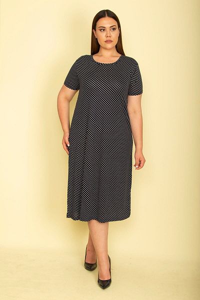 Şans Women's Large Size Navy Blue Point Patterned Short Sleeve Viscose Dress 65n27338