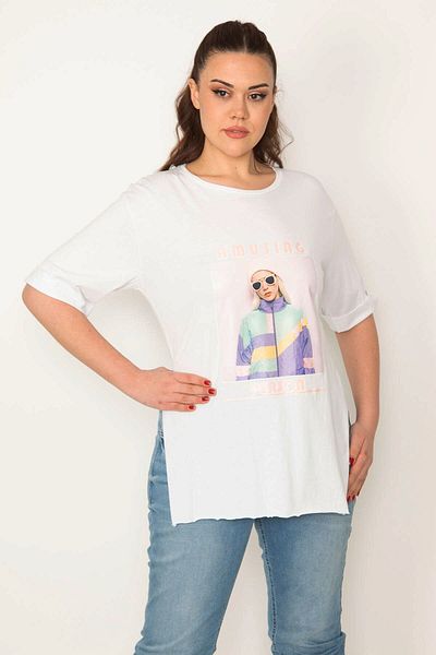 Şans Women's Large Size White Side Slit Digital Printed Blouse 65n32190