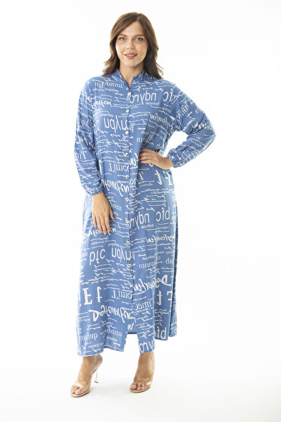 Şans Γυναικείο φόρεμα μεγάλου μεγέθους μπλε υφαντό ύφασμα βισκόζης μπροστινό μακρυμάνικο φόρεμα με κουμπιά 65N36872