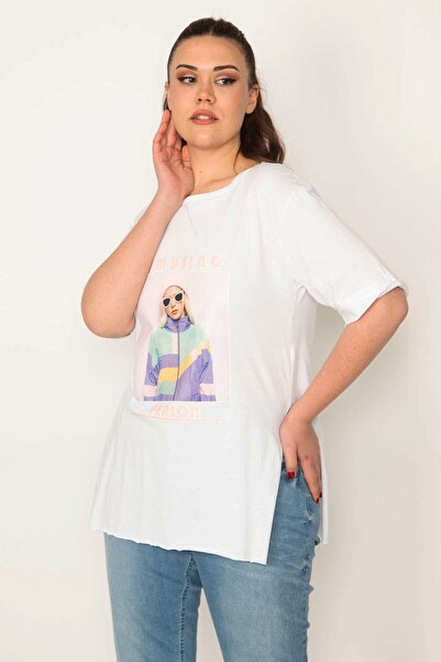 Şans Жіноча блуза великого розміру з білим розрізом та цифровим принтом 65n32190