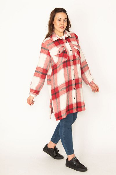 Şans Women's Large Size Red Övü Snap Button Lumberjack Shirt 65n32726