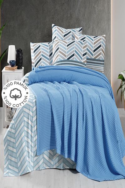 SUVAY 100% Cotton Blue Double Bedspread Pique, Waffle Pattern
