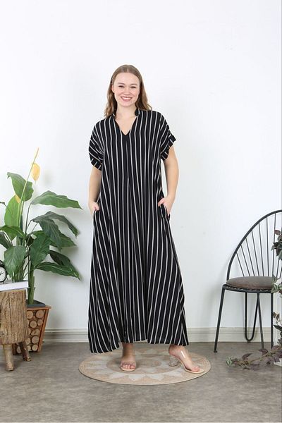 Şans Black Viscose Plus Size Dress - V-Neck with Front Pleat and Side Slit Stripes 65N38739