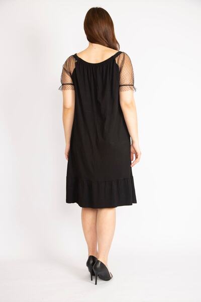 Şans Rochie de damă, neagră, cu mâneci marimi mari, guler din tul, cu detaliu din cauciuc, cu vârful de fustă 65n36289