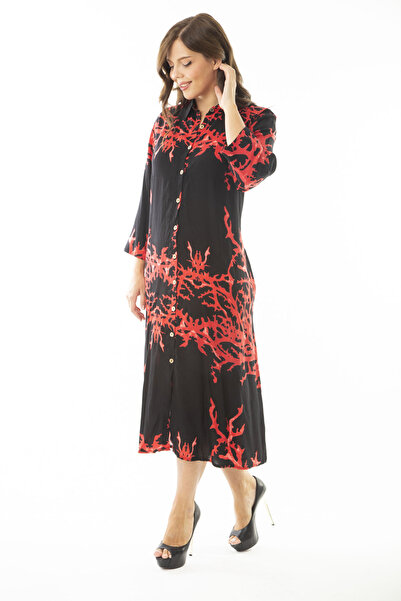 Şans Women's Large Size Red Woven Viscose Fabric Front Buttoned Long Sleeve Dress 65N36887