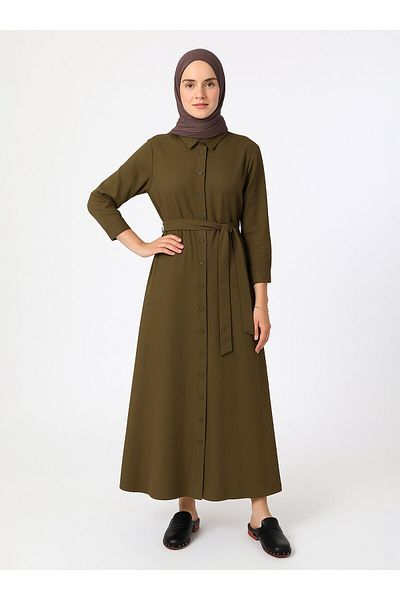 Refka Φόρεμα Hijab με λεπτομέρεια με κουμπιά Poplin - Khaki - Refka