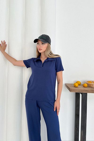 TrendyFashion Women's Navy Blue Modal Fabric Basic Short Sleeve Polo Neck Tracksuit Set