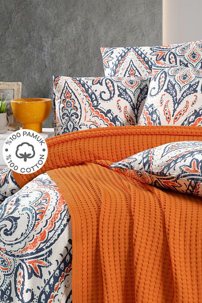SUVAY 100% Cotton Orange Double Bedspread Pique, Waffle Pattern