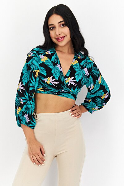 New Look Women Tie Neck Long Sleeve Floral Print Crop Top, Green/Black Combo