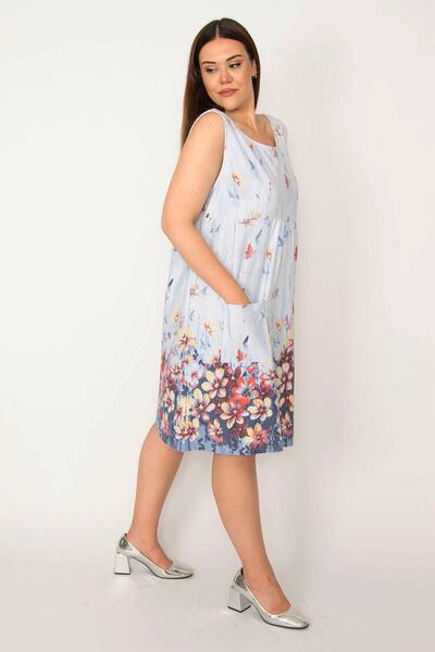 Şans Women's Blue Plus Size Tunic Dress with Pockets 65n35598