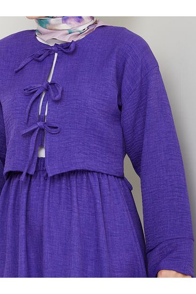 exxitcollection Women's Sofia Linen Hijab Purple Three-Tie Skirt Kimono Set