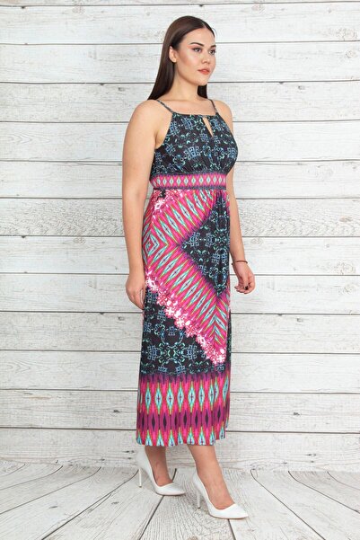 Şans Жіноче велике розмірне кольорове плаття з деталями на комірі та бретельками 65n20426