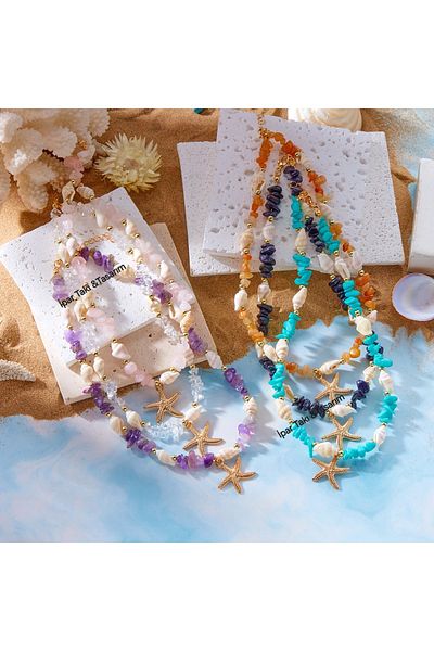 İPAR AKSESUAR Coral Natural Stone & Mussels Pendant Design Necklace