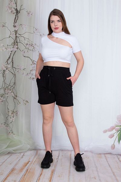 Şans Women's Large Size Black Cotton Fabric Shorts with Elastic Waist and Eyelet Lace Detail and Pockets 65n23748