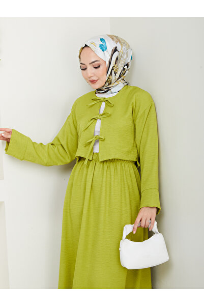 exxitcollection طقم كيمونو نسائي من الكتان الصوفي باللون الأخضر الزيتوني مع ت...