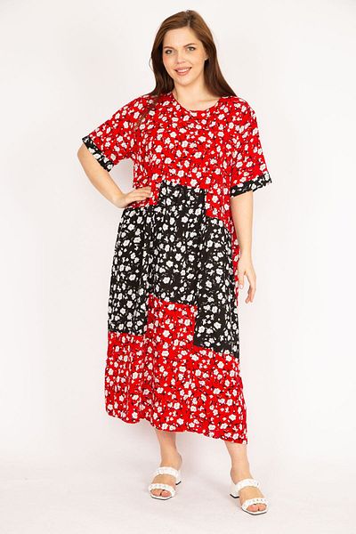 Şans Women's Red Plus Size Woven Viscose Fabric Patchwork Patterned Dress 65n36006