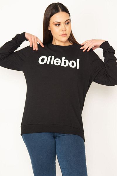 Şans Women's Large Size Black Front Printed Sweatshirt 65n31485