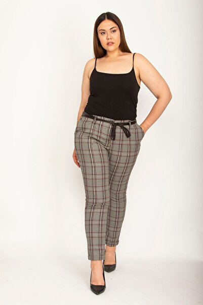 Şans Women's Colorful Plaid Pattern Side Pocket Back Flota Ornamental Pocket Faux Leather Belt Detailed Trousers 65N27212