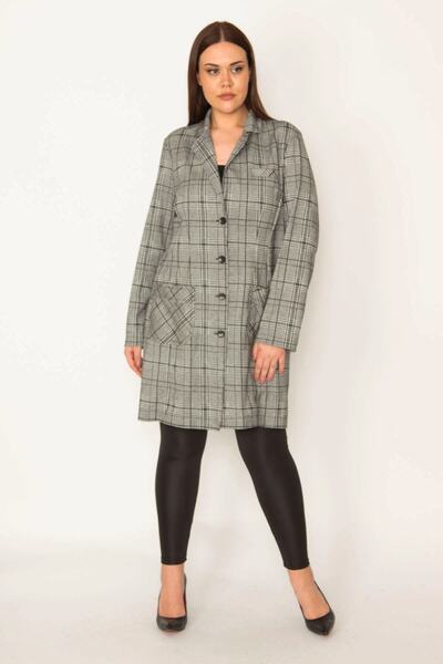 Şans Women's Large Size Gray Plaid Patterned Unlined Front Button Pocket Long Jacket 65n31946