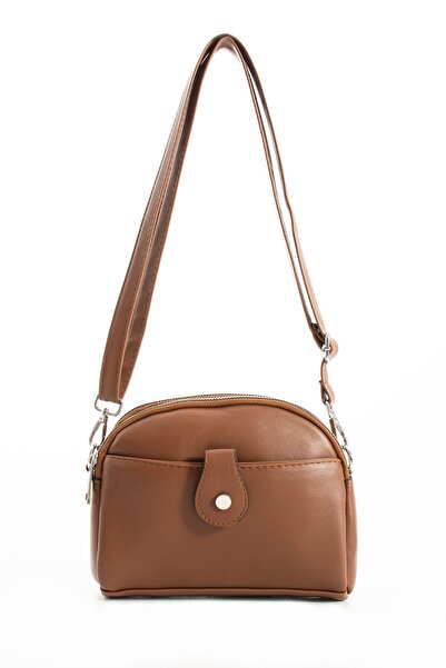 Sanmorris Women's Faux Leather Adjustable Cross Strap 4 Compartment Magnet Buckle Detailed Tan Shoulder Bag