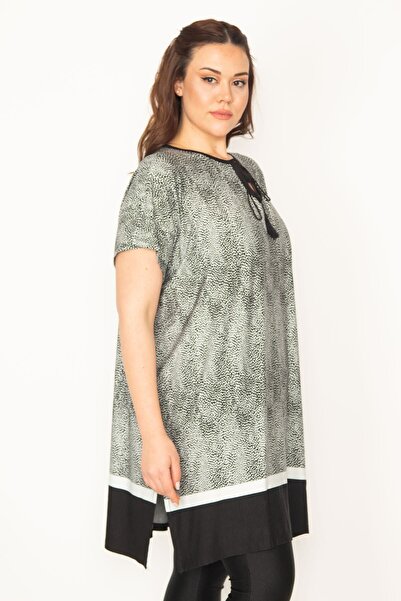 Şans Women's Large Size Black Low Sleeve Skirt Patterned Tunic Dress 65n23255