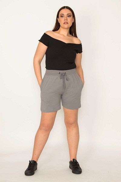 Şans Women's Large Size Gray Cotton Fabric Shorts with Elastic Waist and Eyelet Lace Side Pockets 65n32349