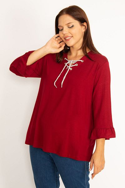 Şans Women's Large Size Burgundy Collar Eyelet Lace Detailed Sleeve Ruffle Gathered Blouse 65n34648