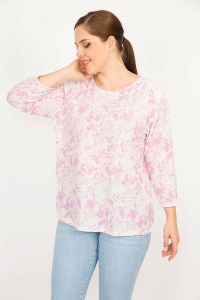 Şans Women's Pink Plus Size Bike Collar Patterned Blouse 65n35917