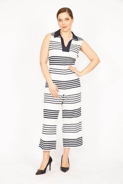 Şans Women's Navy Blue Large Size V-Footed Jumpsuit with Hidden Zipper on the Back 65n35958