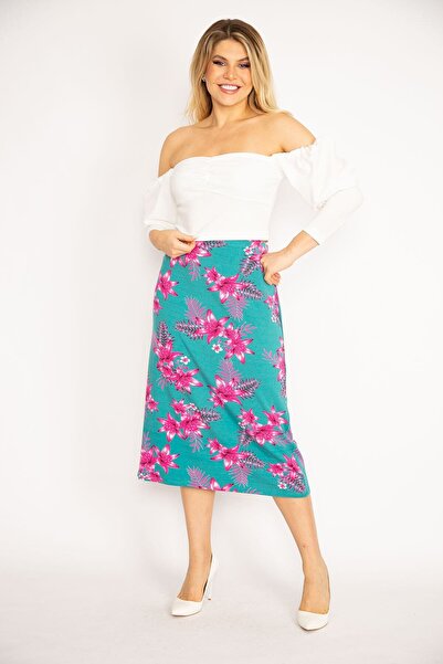 Şans Women's Large Size Green Elastic Waist Lycra Viscose Skirt 65n34675