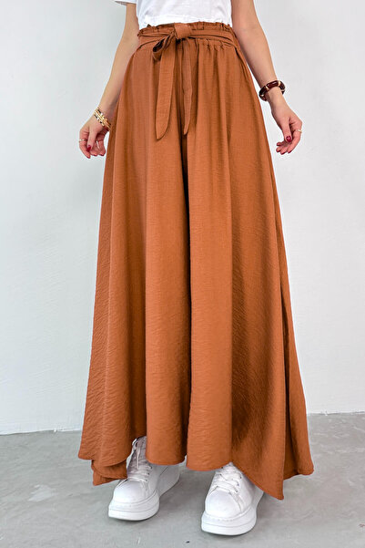 Cappmoda Pnt-07410 Cinnamon Color Woven Belted Shalwar Skirt Trousers
