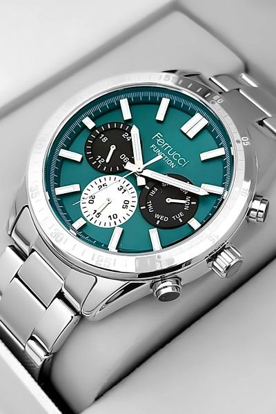 Ferrucci Function Men's Wristwatch - Silver Color Case and Steel Band, Green Dial Zmfer063
