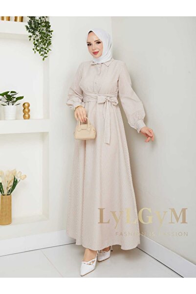 LyLGyM FASSION IS PASSION فستان حجاب نسائي بخصر ثابت وحزام وأزرار 140 سم