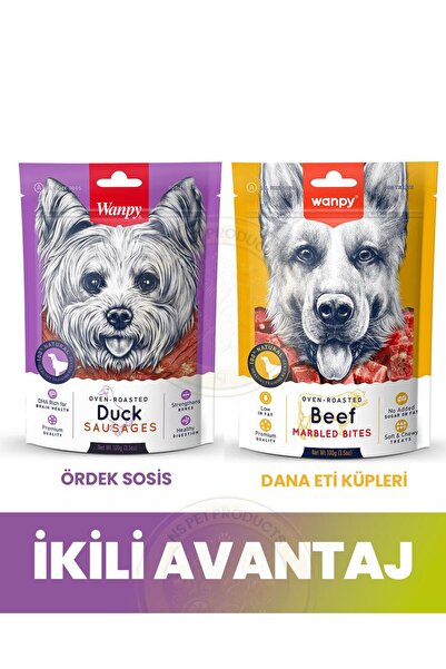Wanpy Ördek - Sosis & Marbled Dana Eti Küpleri Köpek Ödül Maması Seti 2x100 gr