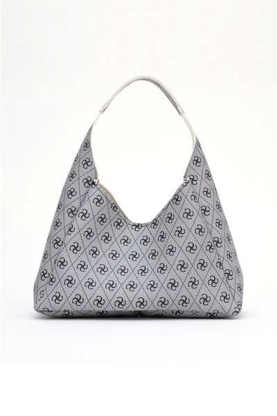 SHAKA Monogram Printed Gray Shk19 Faux Leather, Snap Closure, Single Compartment, Zippered Makeup Bag, Hand, Arm and Om
