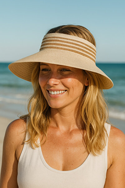 Luminos Butik Bej Güneş Koruyucu Tepesi Açık Şerit Detaylı Katlanabilir Hasır Vizör Şapka Hsr2079