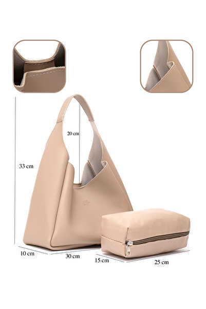 SHAKA Mink Shk19 Faux Leather Zippered Makeup Bag Hand and Shoulder Bag with Snap Closure E:33 L:15 W:10 Cm