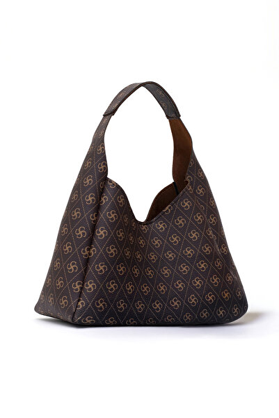 SHAKA Monogram Printed Brown Shk19 Faux Leather, Snap Fastener, Single Compartment, Zippered Makeup Bag, Hand, Ko