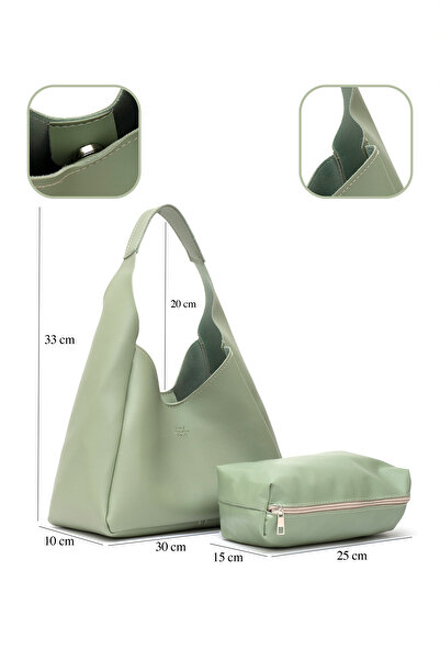 SHAKA Mint Green Shk19 Faux Leather, Snap Closure, Single Compartment, Zippered Makeup Bag, Hand, Arm and Shoulder Bag